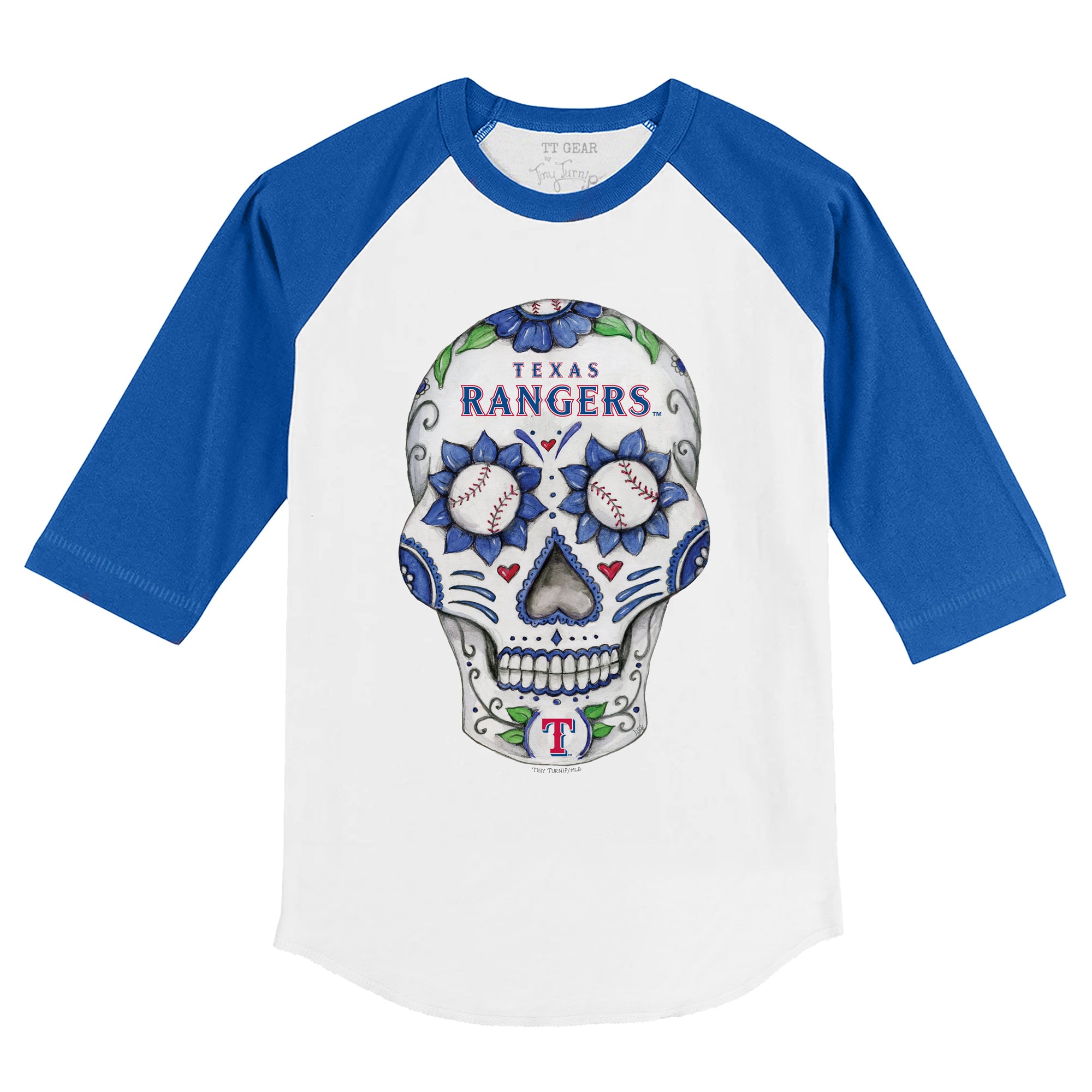 Texas Rangers Sugar Skull 3/4 Royal Blue Sleeve Raglan | Tiny Turnip