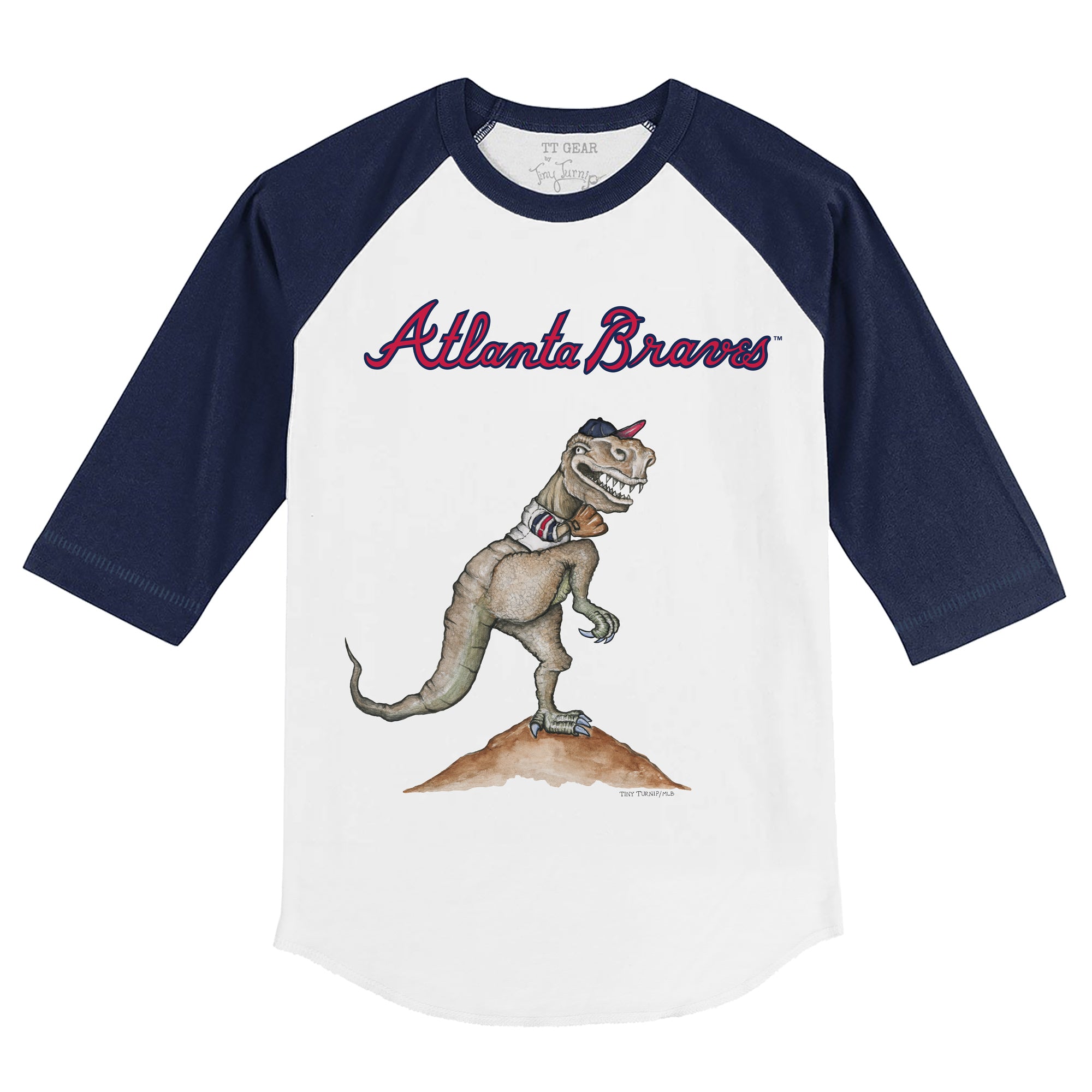 Atlanta Braves TT Rex 3/4 Navy Blue Sleeve Raglan | Tiny Turnip