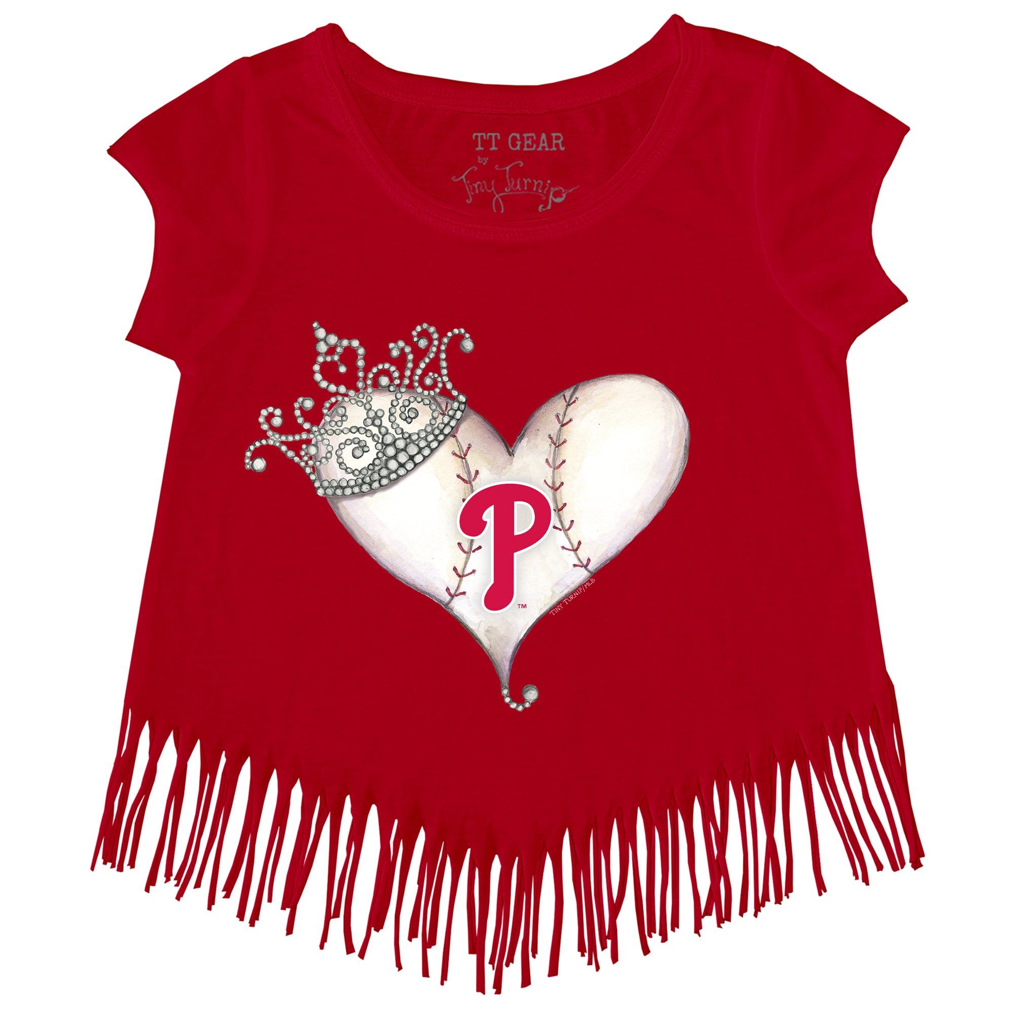 Girls Youth Tiny Turnip White Philadelphia Phillies Baseball Tiara Heart Fringe T-Shirt Size: Small